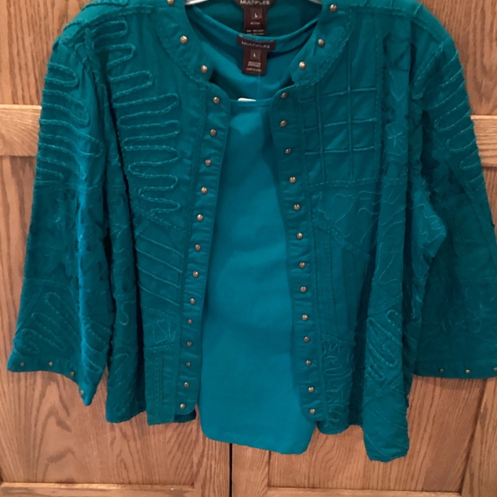 Multiples Teal Cotton Jacket and Top Set
